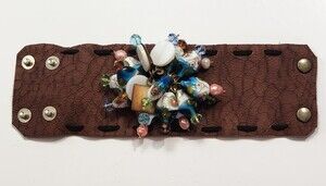 Handmade Wide Leather Cuff Bracelet Beaded Statement Boho Murano Glass Crystals
